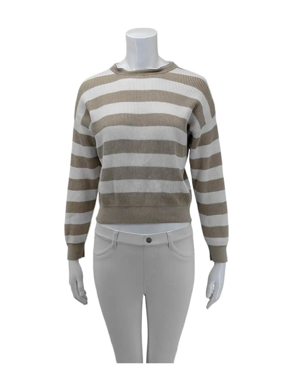 Brunello Cucinelli Taupe and Cream Striped Ribbed Crewneck Sweater